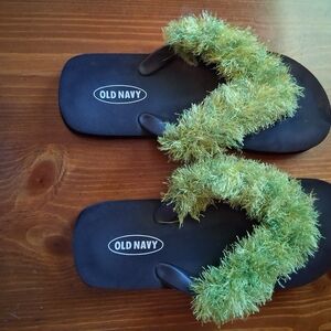 Old Navy Black Flip Flops with Green Fuzzy Straps